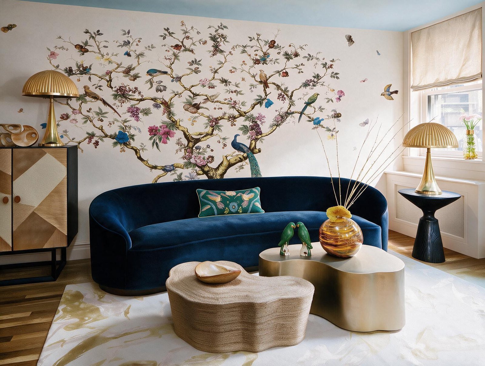 A navy velvet sofa against hand-painted chinoiserie wallpaper at the Brooklyn Heights Designer Showhouse
