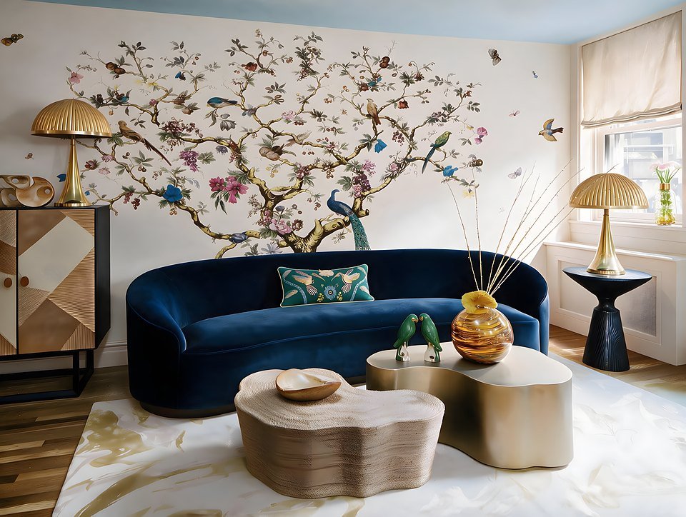 A navy velvet sofa against hand-painted chinoiserie wallpaper at the Brooklyn Heights Designer Showhouse