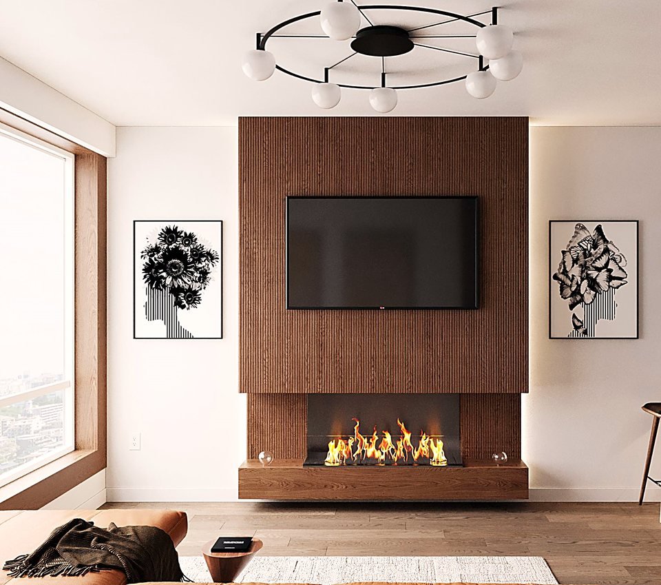 Fluted walnut fireplace wall with linear fire feature