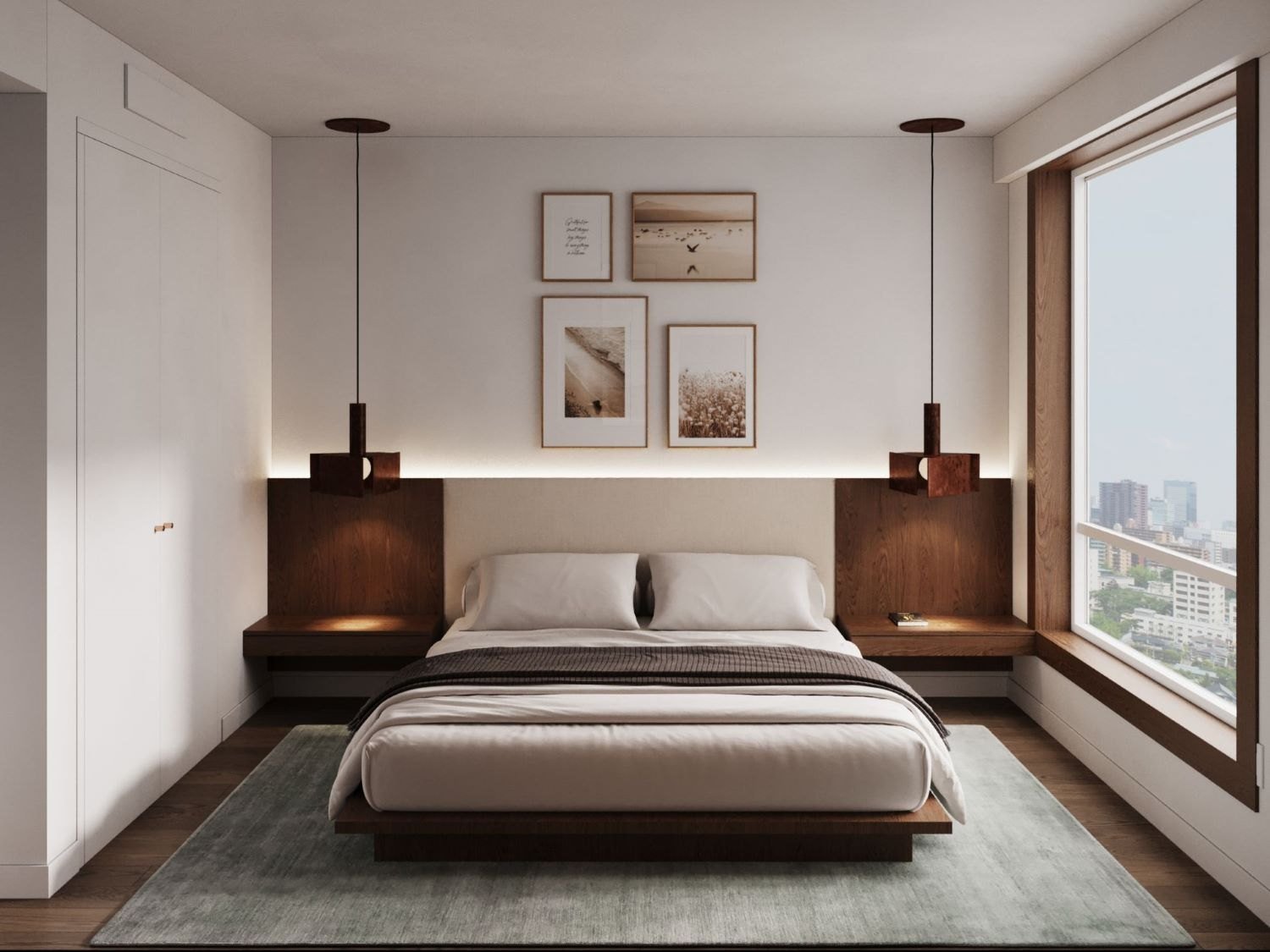 A Downtown Brooklyn bedroom with integrated walnut nightstands, pendant reading lights and a window onto the skyline