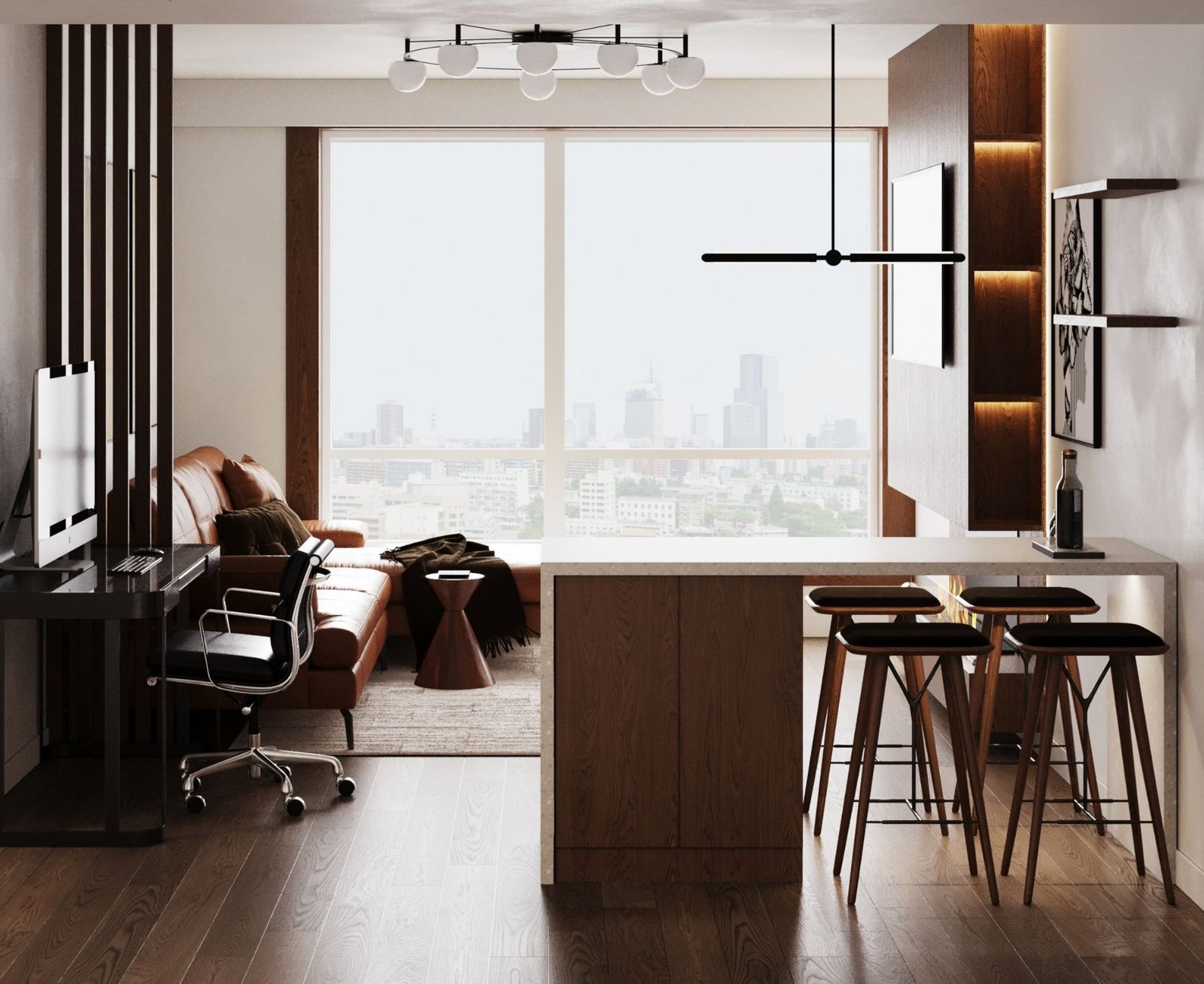A walnut kitchen island with black bar stools beside a corner window overlooking Brooklyn
