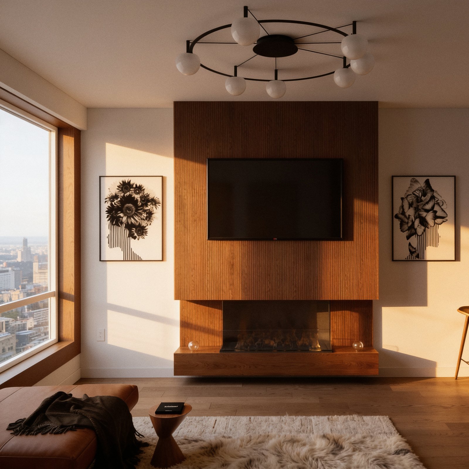 A fluted walnut fireplace wall with an integrated television at Brooklyn Point