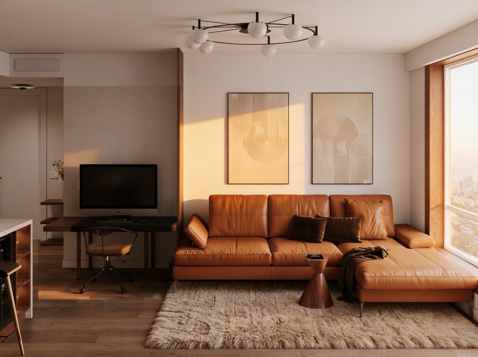 A tan leather sectional in low golden light beside a floor-to-ceiling window in a Downtown Brooklyn high-rise