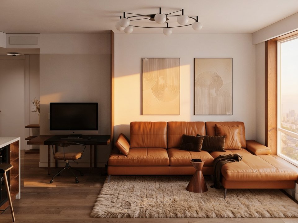 A tan leather sectional in a sunlit high-rise living area