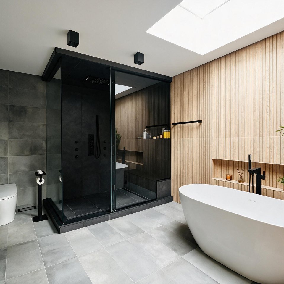 A freestanding tub and black steam shower beneath a skylight