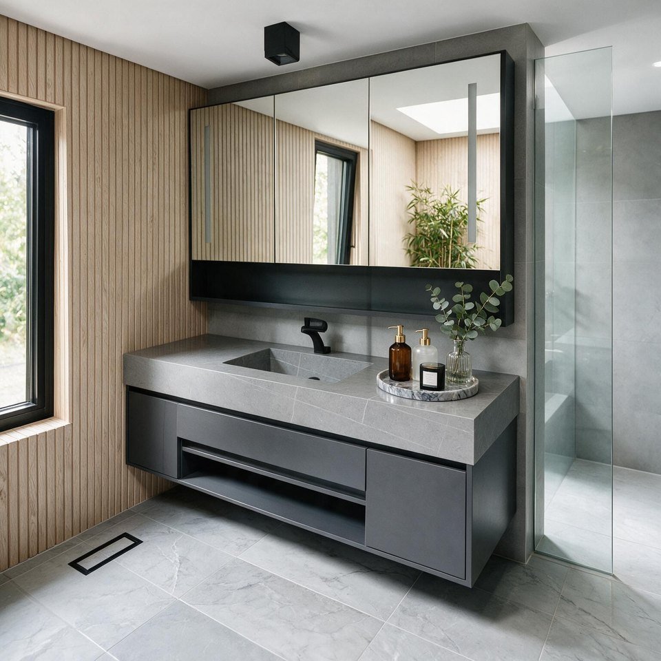 A floating grey double vanity with a mirrored wall cabinet