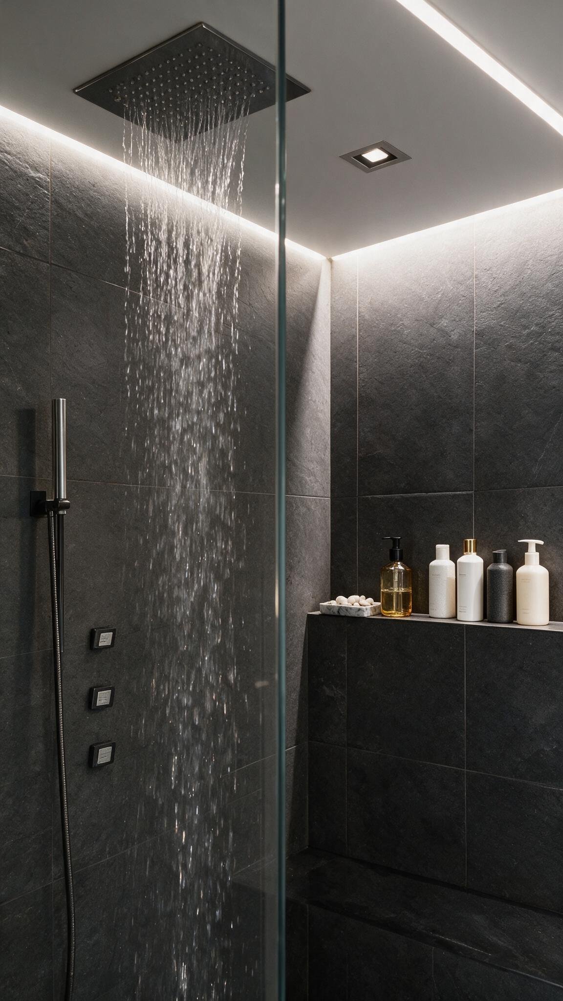 A dark stone shower with a large ceiling rain head and concealed perimeter lighting