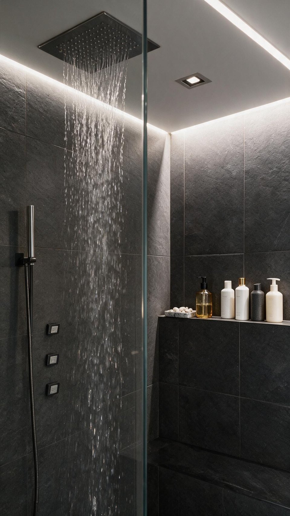 A rain shower in a dark-tiled steam room