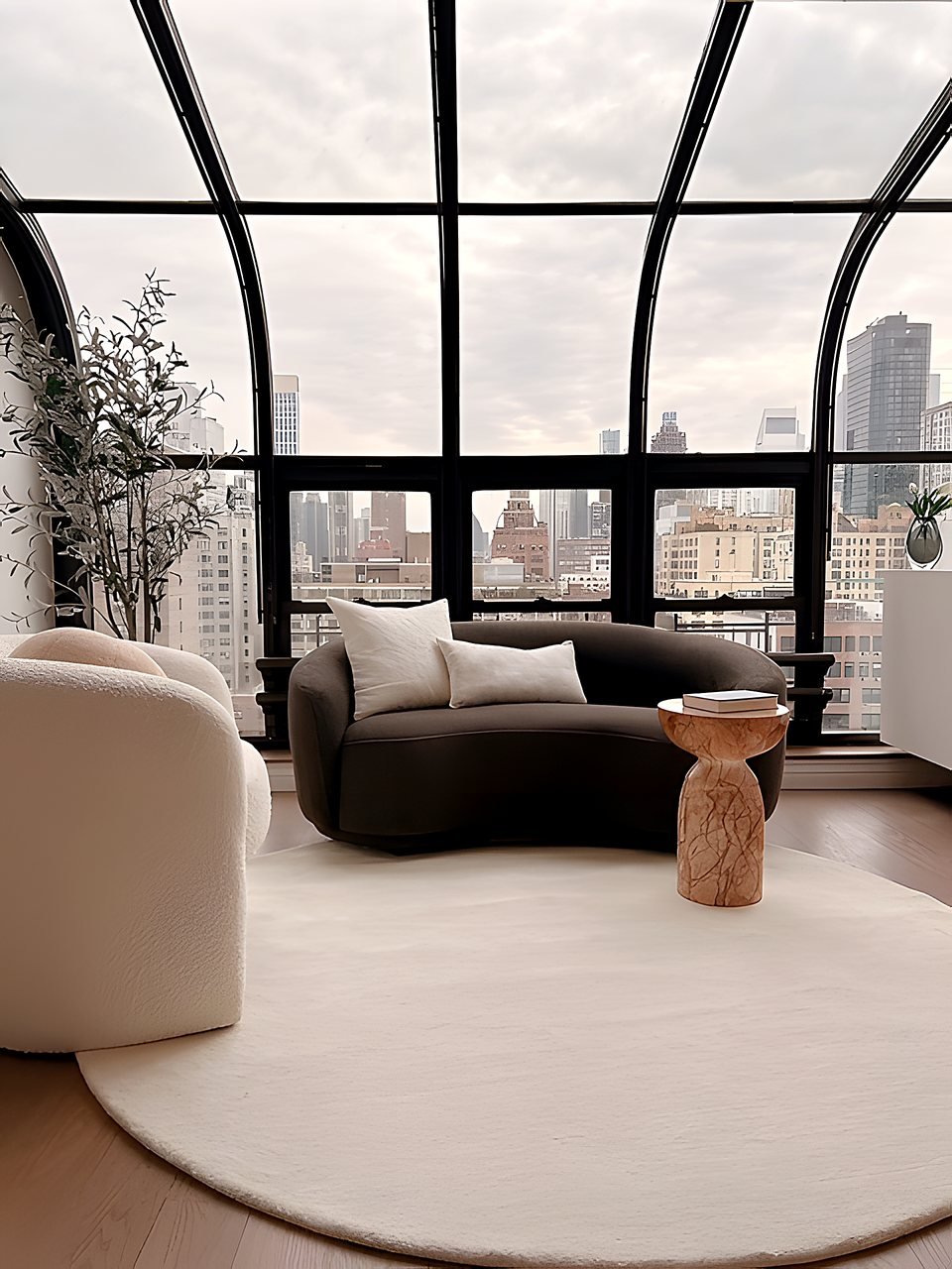 A curved sofa beneath an arched window with a Manhattan skyline view