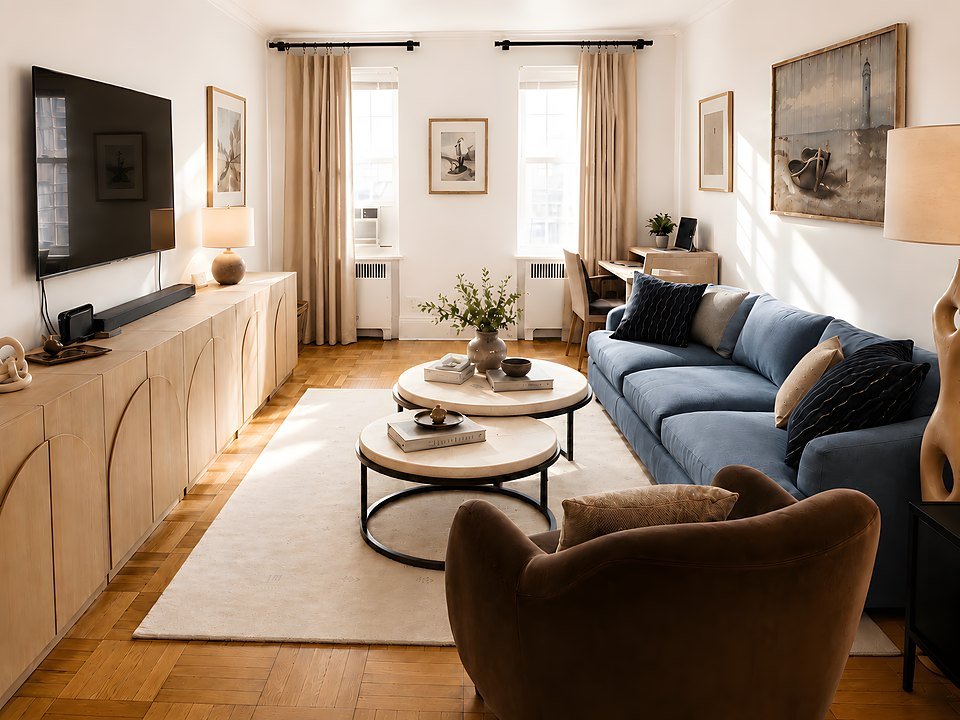A blue sofa and brown swivel chair facing a media console