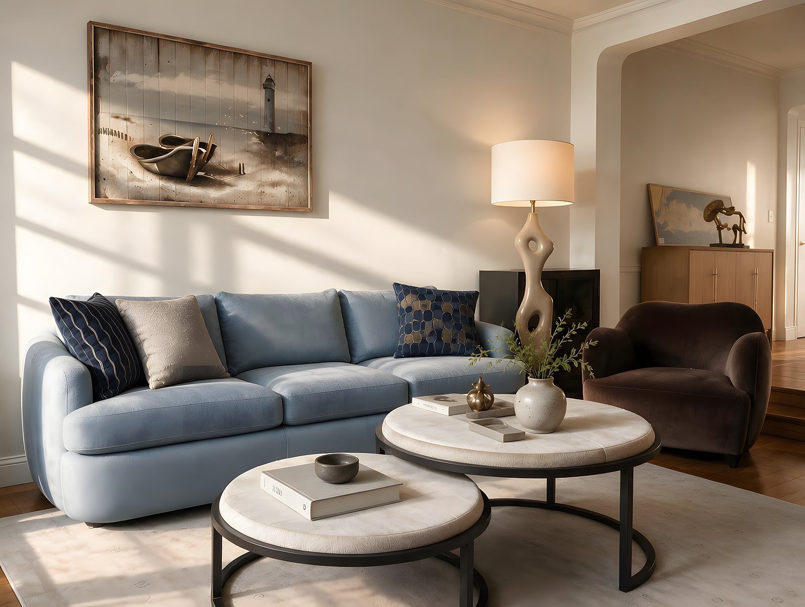 A sunlit blue sofa with round marble coffee tables