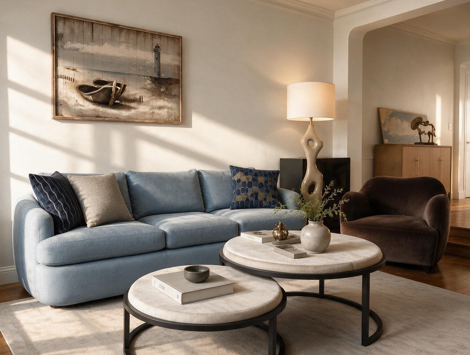 A sunlit blue sofa with round marble coffee tables