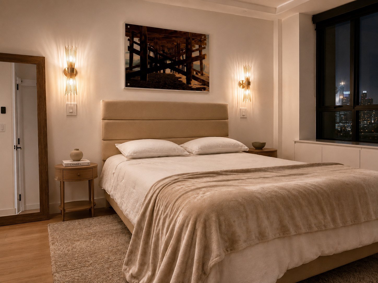 An Upper East Side primary bedroom with a linen upholstered headboard, brass sconces and a night skyline beyond the window
