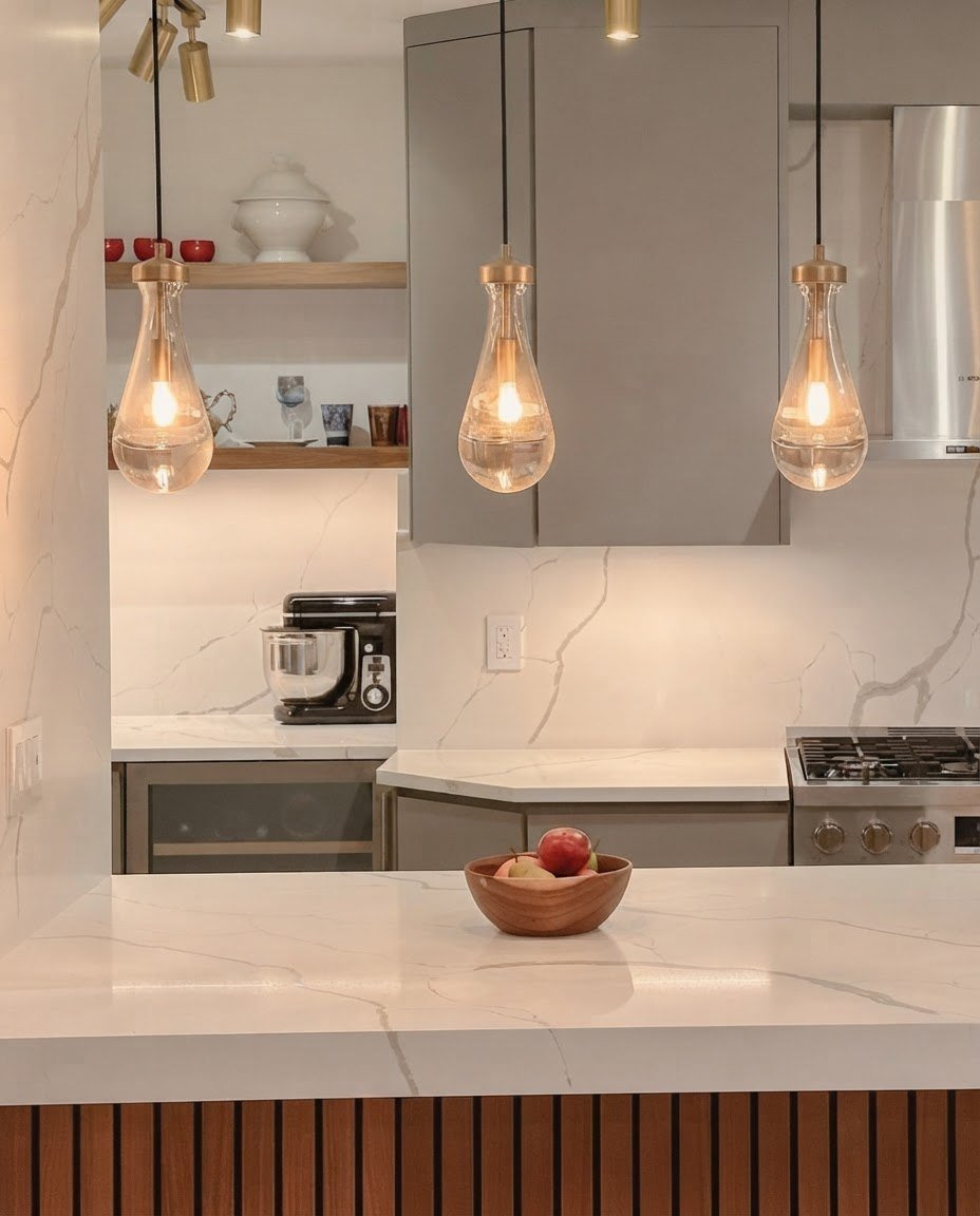 Brass pendant lights above a marble kitchen counter