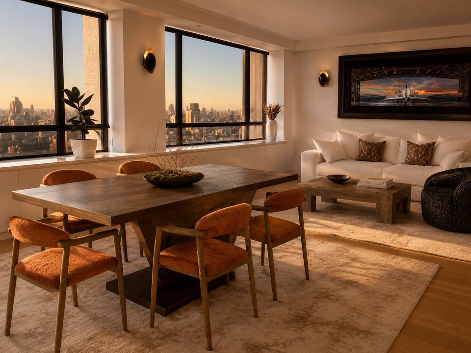 A dining table beside floor-to-ceiling windows at sunset