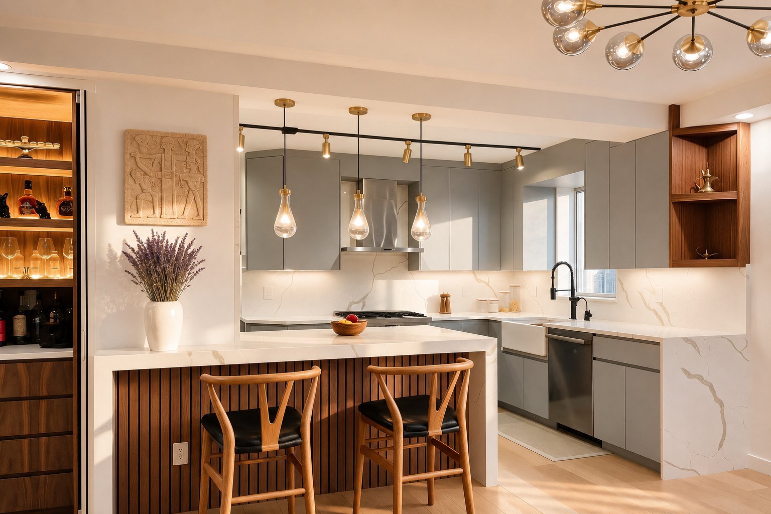A soft grey Upper East Side kitchen with brass pendants over a fluted walnut island