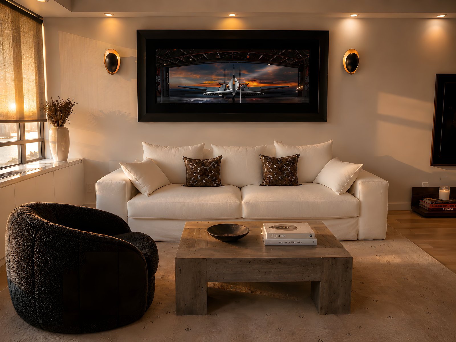 A living room with a cream sofa, black bouclé chair and framed skyline artwork