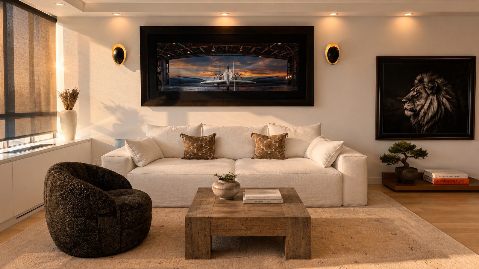 A warm, symmetrical Upper East Side living room with a cream sofa, sculptural chair and a lion portrait at dusk