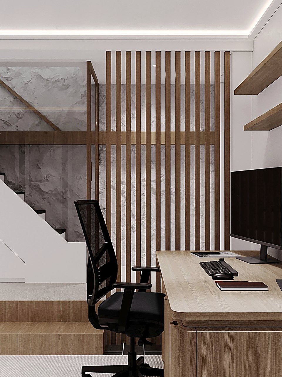 Home office zone with tactile materials