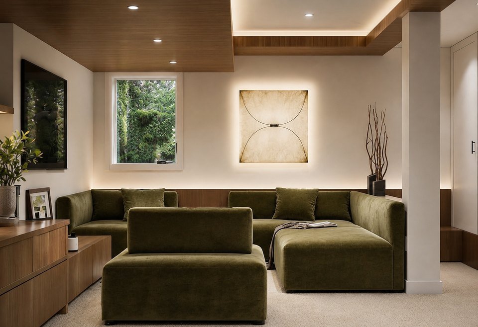 An olive sectional facing a window under a wood-slat ceiling