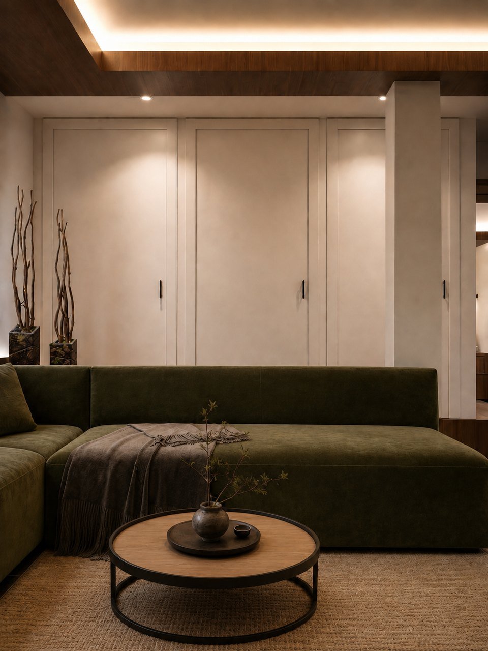 A deep olive sofa and round coffee table below a wood-slat ceiling