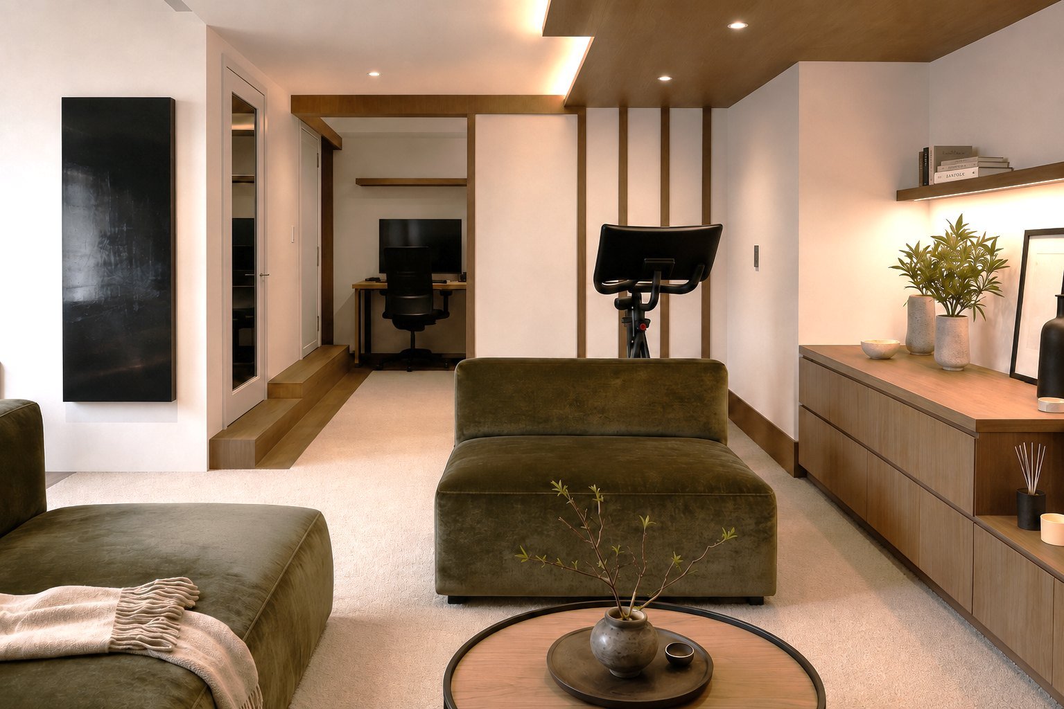 An olive sectional beneath a cove-lit ceiling in a garden-level lounge
