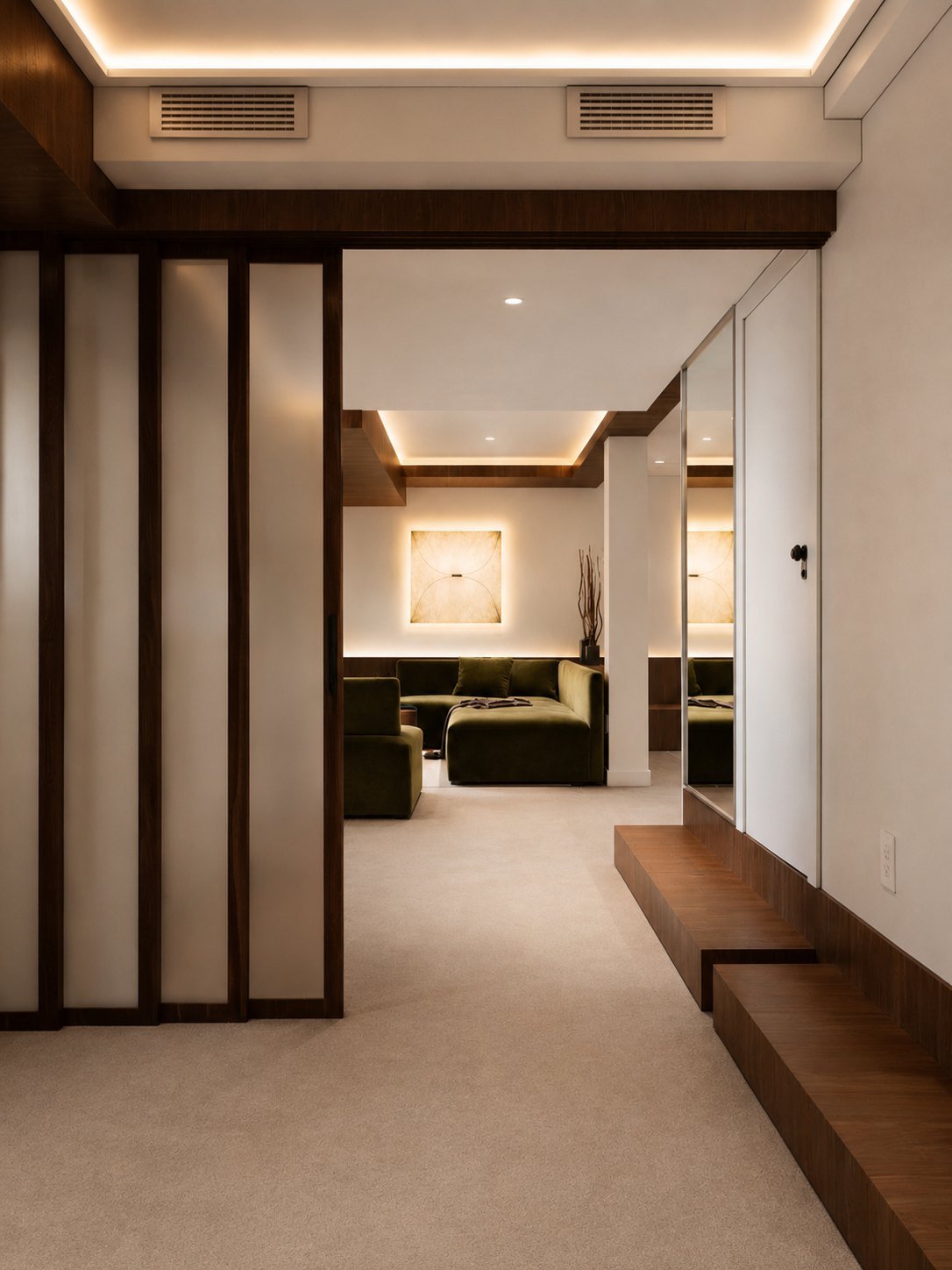 A slatted timber screen and recessed niche lighting framing a Park Slope lower-level lounge