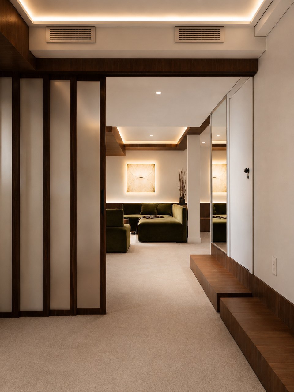 A slatted room divider between the lounge and the gym