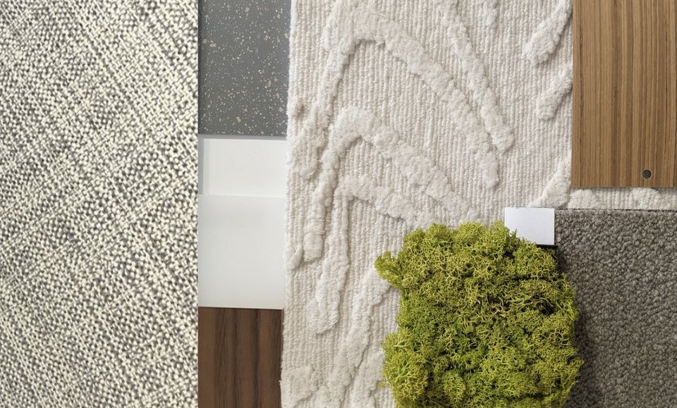 Textile and finish samples laid out for the lounge